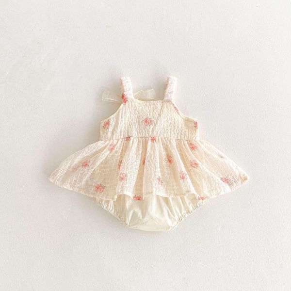 甜美小花抓皺棉背帶包屁裙 