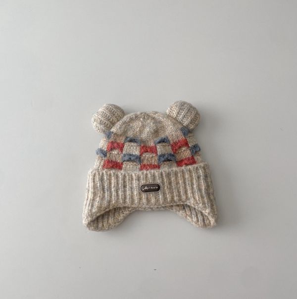 混織格紋雙毛球護耳毛帽 