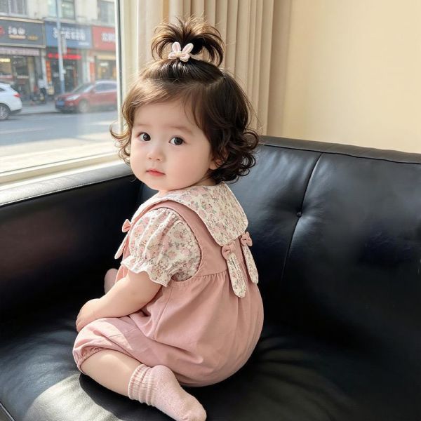 碎花兔耳上衣+粉嫩兔子連身褲套裝 