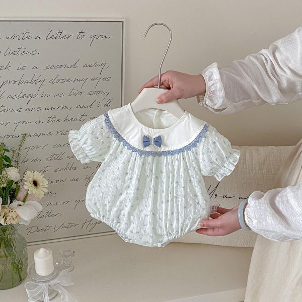 清新藍碎花圓領拼接包屁衣 