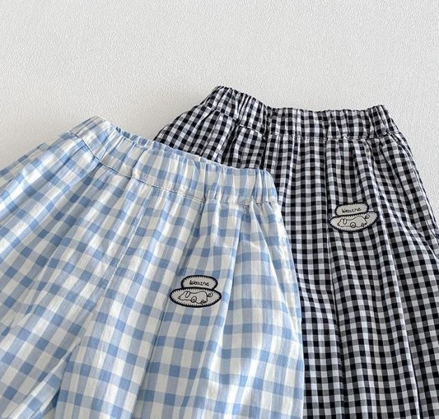 純棉透氣雙色格紋鬆緊燈籠褲 