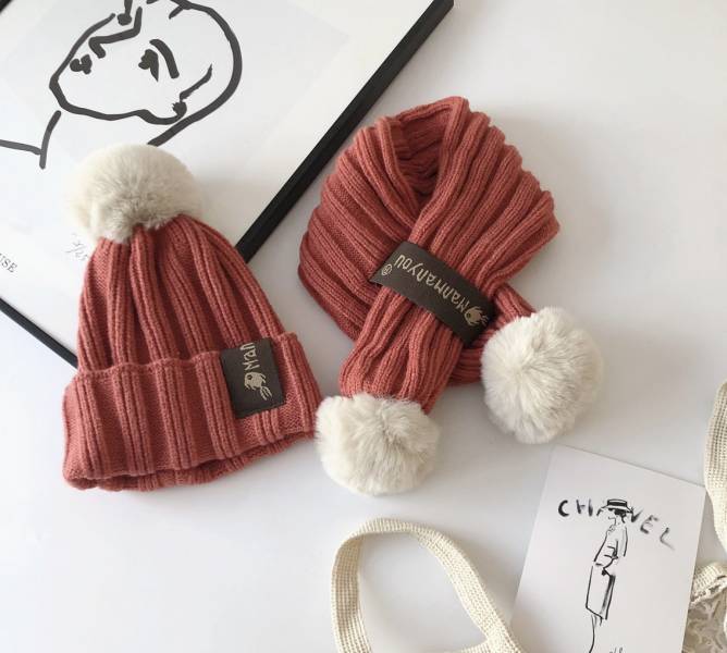 韓-秋冬直紋針織毛帽圍巾組 