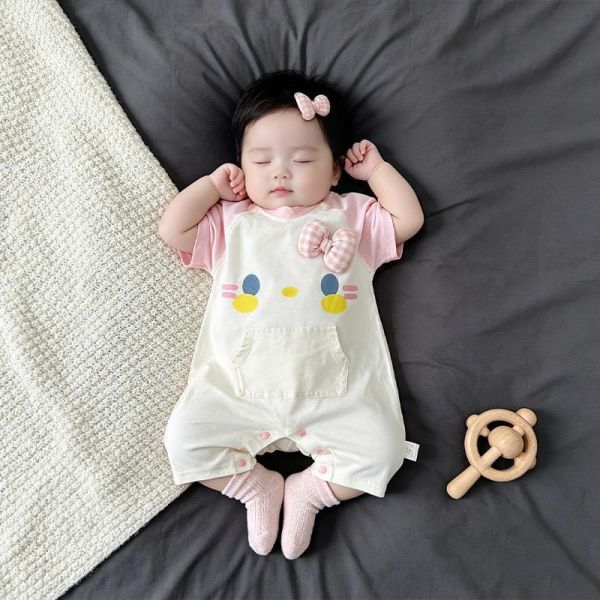 立體蝴蝶結可愛貓咪印花拼袖連身裝 