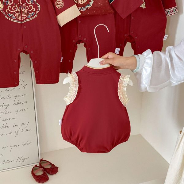 復古國風盤釦刺繡流蘇包屁衣 