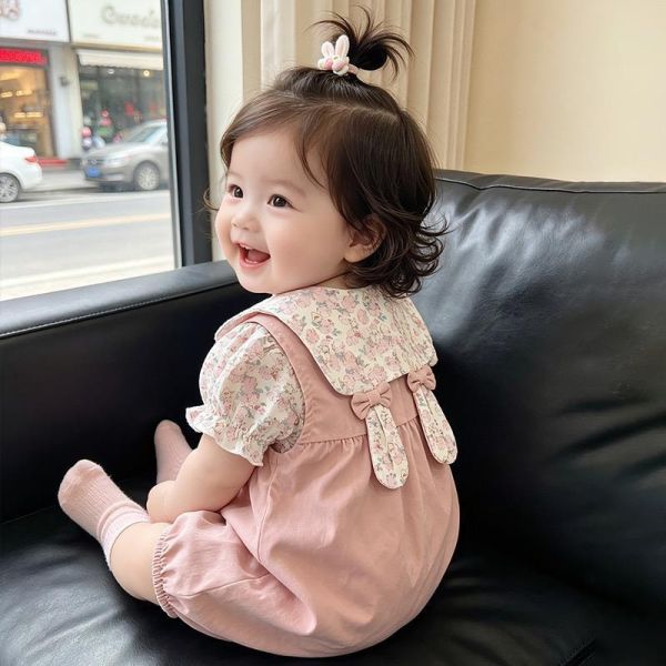 碎花兔耳上衣+粉嫩兔子連身褲套裝 