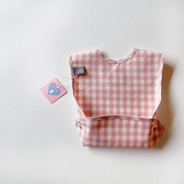 好收納格紋吃飯防水防油圍兜 