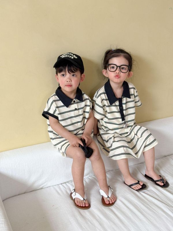 男女童經典條紋翻領套裝/洋裝 