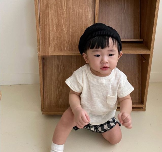 單口袋簡單螺紋彈力上衣 