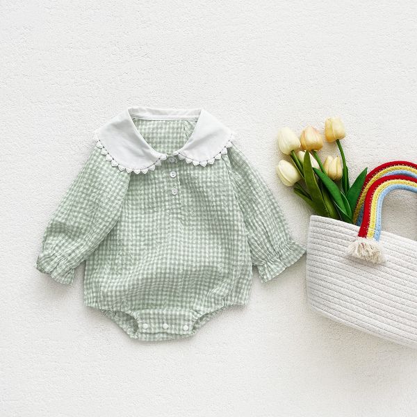 娃娃領格子透氣棉包屁衣 