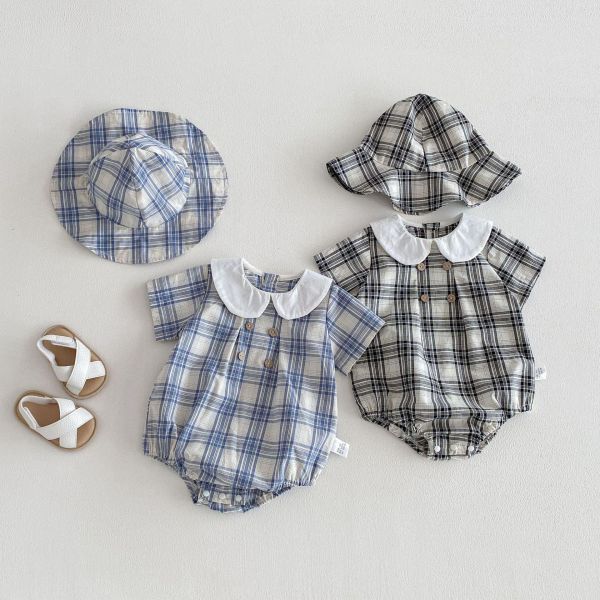 復古娃娃領格紋包屁衣+帽 