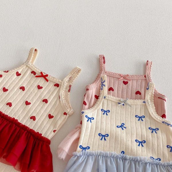 螺紋愛心/蝴蝶結網紗拼接包屁衣 