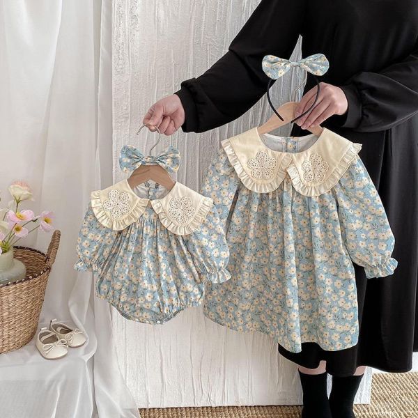 姐妹款大翻領田園碎花包屁衣/洋裝(含頭飾) 