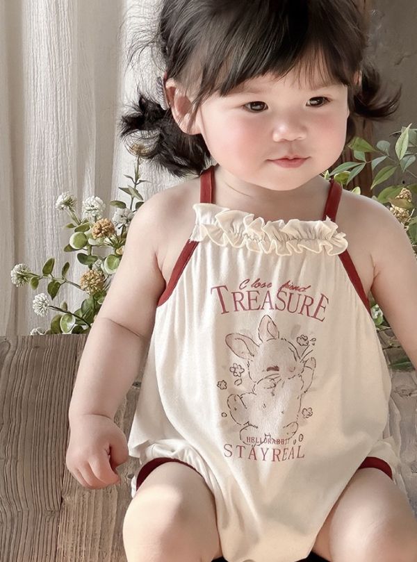 小蕾絲布兔子印花細肩包屁衣 