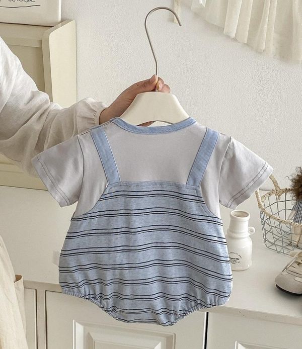 假兩件小熊吊帶條紋包屁衣 