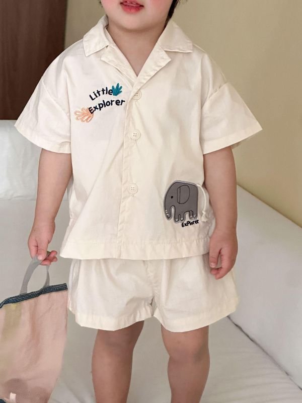 大象字母刺繡襯衫兩件式套裝 