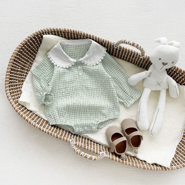 娃娃領格子透氣棉包屁衣 