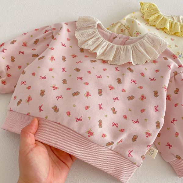 滿印碎花/小熊蕾絲花領上衣 