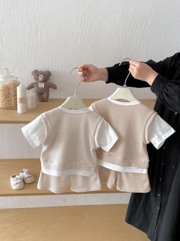 假兩件式華夫格小熊上衣+短褲套裝 