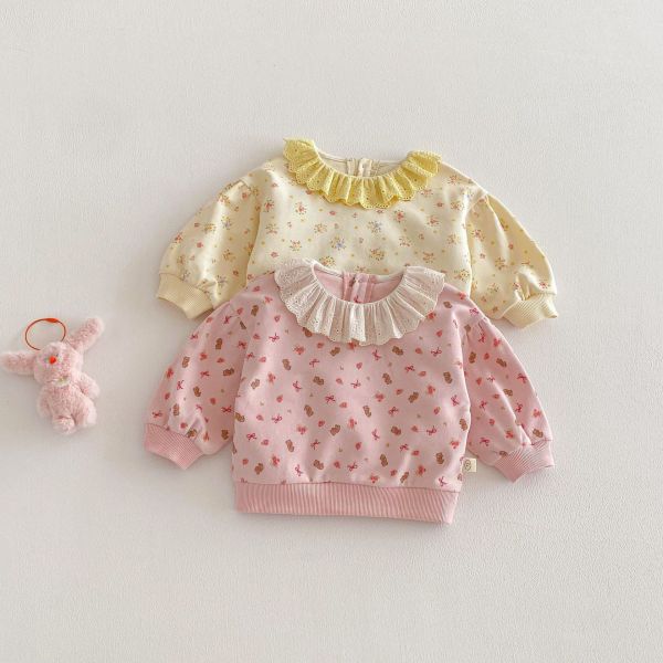 滿印碎花/小熊蕾絲花領上衣 