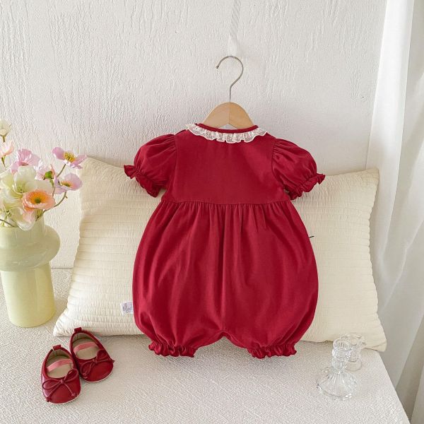 酒紅大蝴蝶結蕾絲領口連身裝 