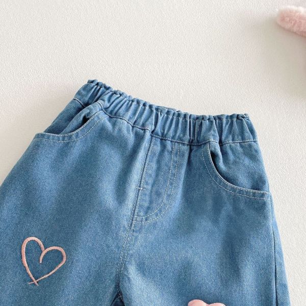 立體愛心刺繡荷葉邊牛仔長褲 