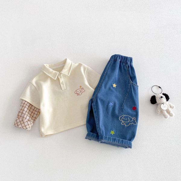 星星狗狗刺繡牛仔長褲 