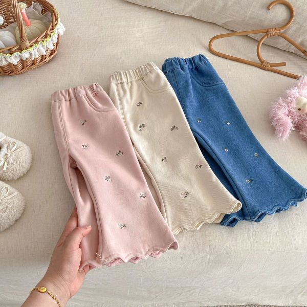 碎花刺繡花邊加厚喇叭褲 