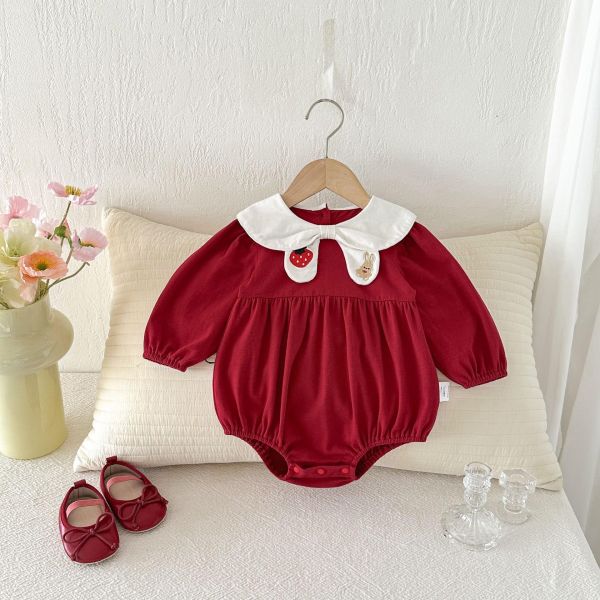 翻領草莓兔子刺繡包屁衣 