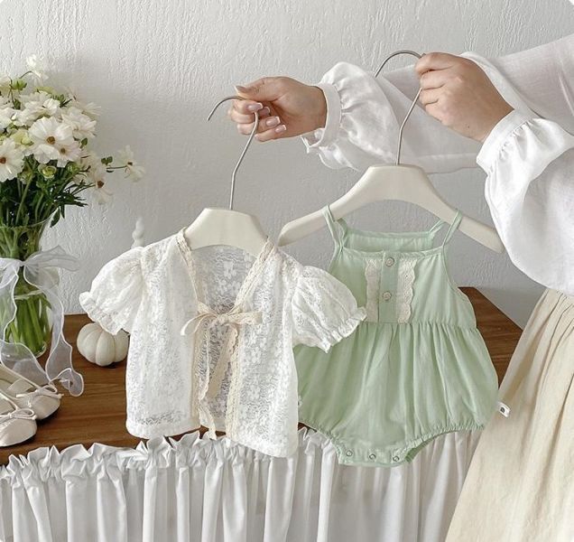 兩件套-泡袖蕾絲外套+細肩包屁衣 