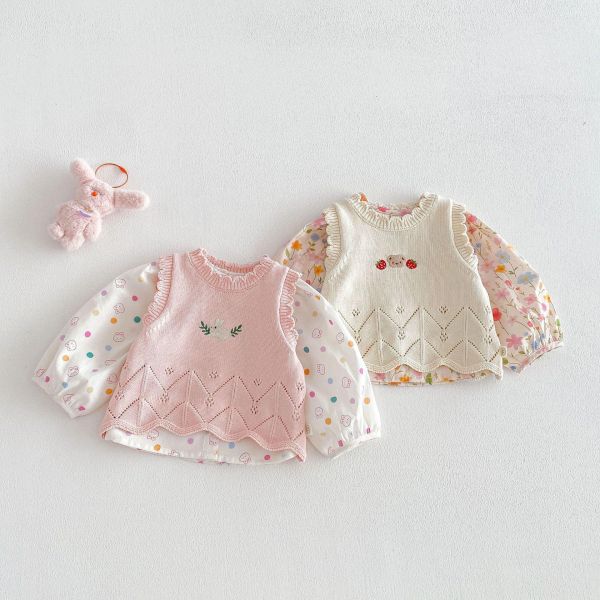 早春兔子/小熊刺繡花邊背心 