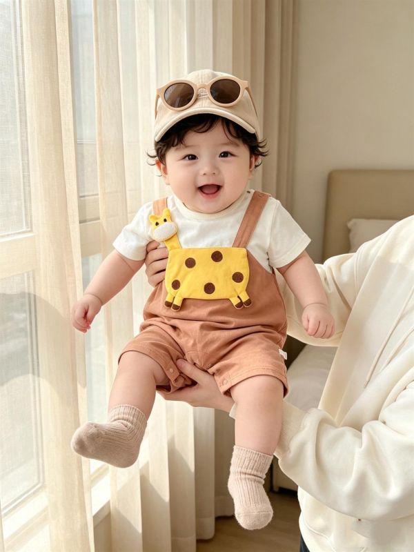 假兩件長頸鹿貼布吊帶連身裝 