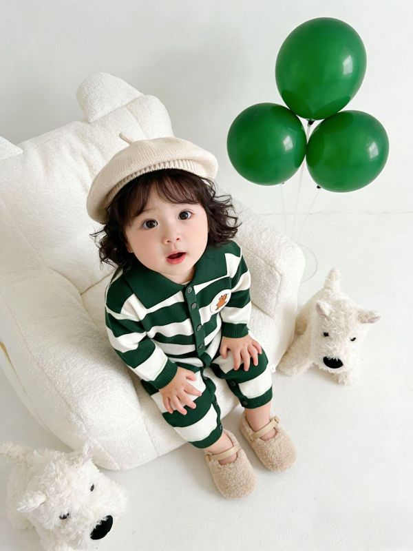 小熊圓標翻領條紋連身裝(3色) 