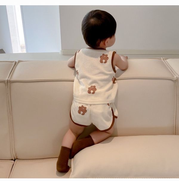 華夫格小熊兩色無袖套裝 