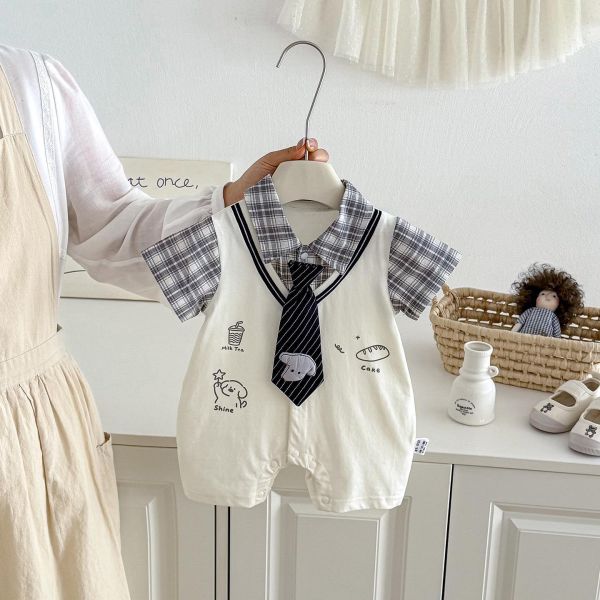 學院風假兩件格紋領帶連身裝 