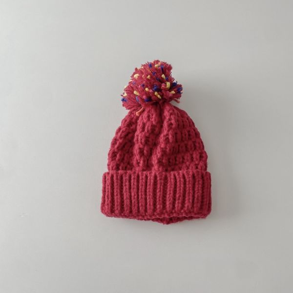 混織大毛球針織反摺毛帽 