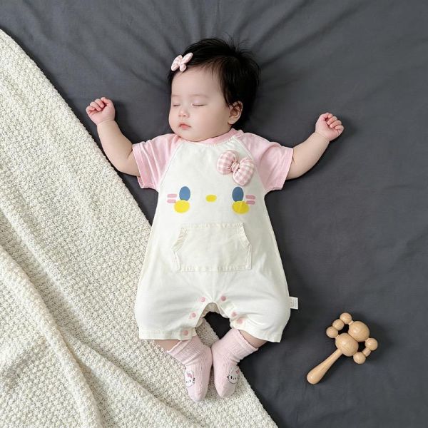 立體蝴蝶結可愛貓咪印花拼袖連身裝 