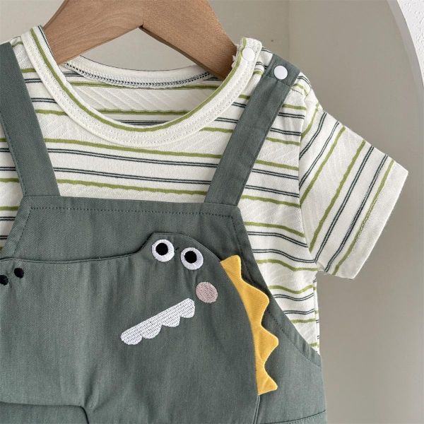 假兩件條紋恐龍吊帶連身裝 