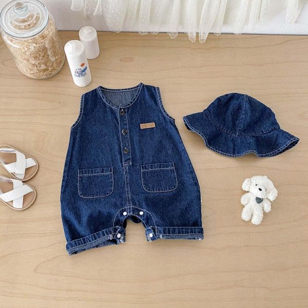 素色牛仔開釦連身裝+帽 