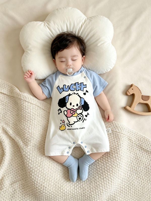 拼袖可愛長耳狗狗印花連身裝(贈襪) 