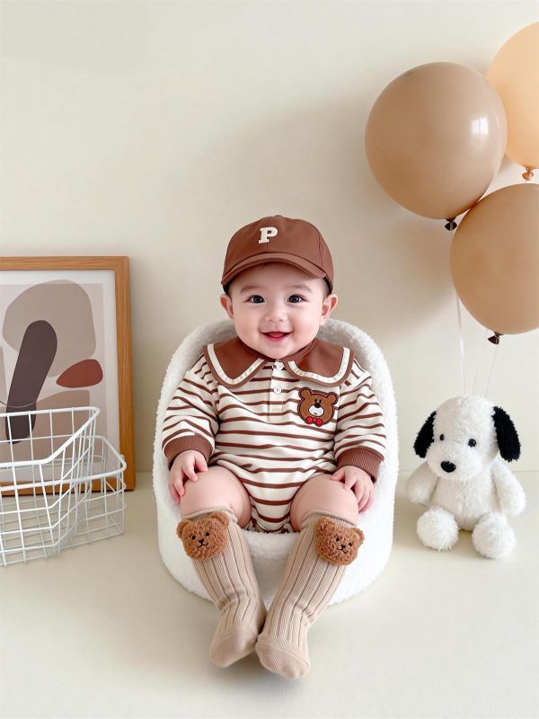 翻領條紋前後領結小熊包屁衣 