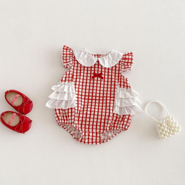 宮廷風娃娃領格紋腰封包屁衣 