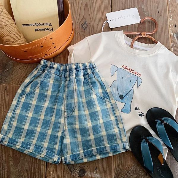 復古古著格紋五分短褲 