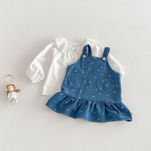 荷葉領打底上衣/蝴蝶結荷葉牛仔吊帶裙 