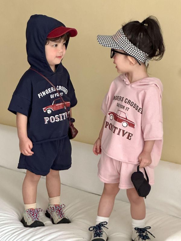 復古汽車印花連帽上衣套裝 