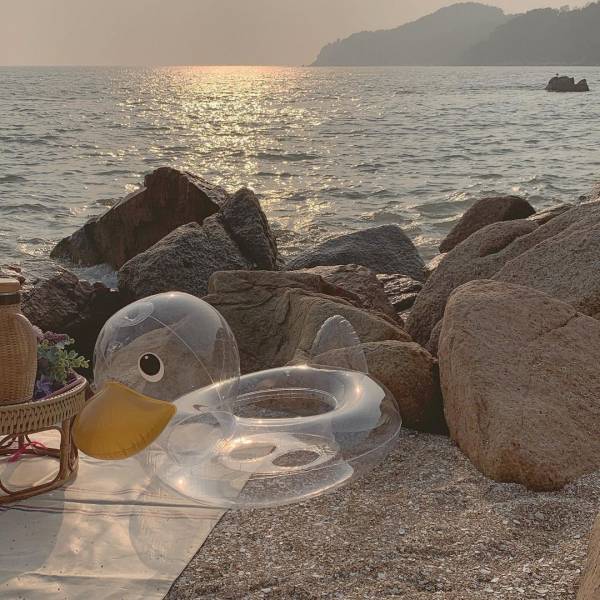 透明小鴨鴨造型充氣泳圈(附打氣筒) 