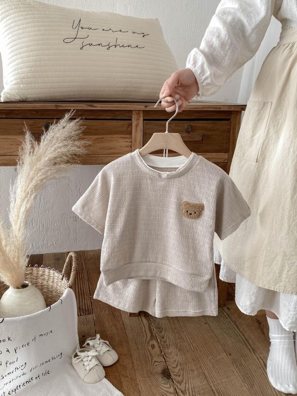 假兩件小熊華夫格上衣+短褲套裝 