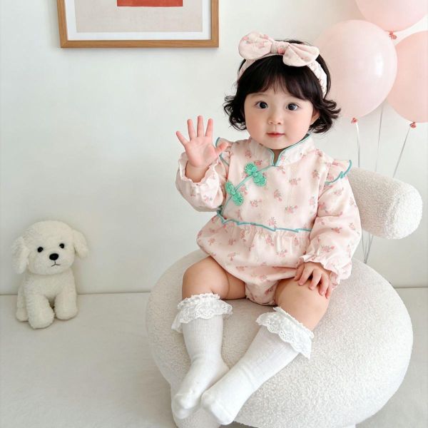 復古甜美旗袍式包屁衣+髮帶 