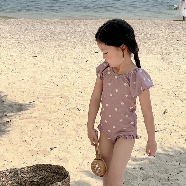 鬆緊束口點點連身泳衣 