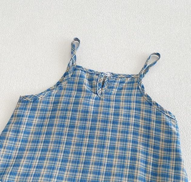 日系女孩格紋細肩連身裙 