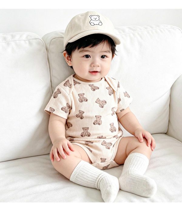 信封領螺紋小熊彈力包屁衣 